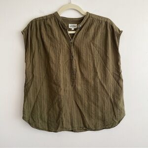 Hartford Cotton popover blouse top sleeveless olive green button gauze mandarin